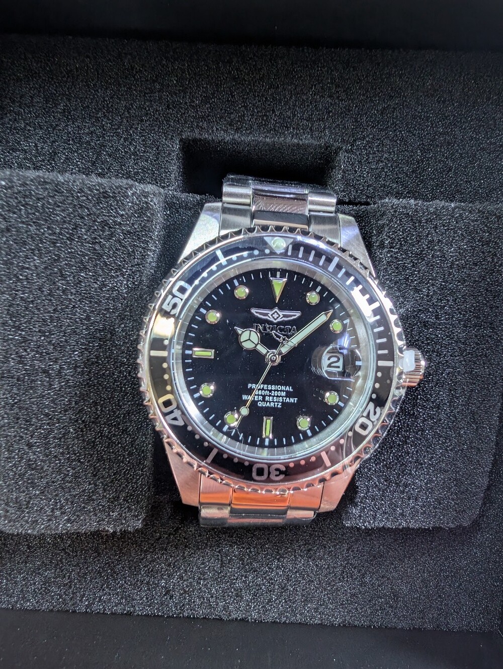 Invicta Stainless Steel Watch with Black Dial and Silver Bracelet 38mm